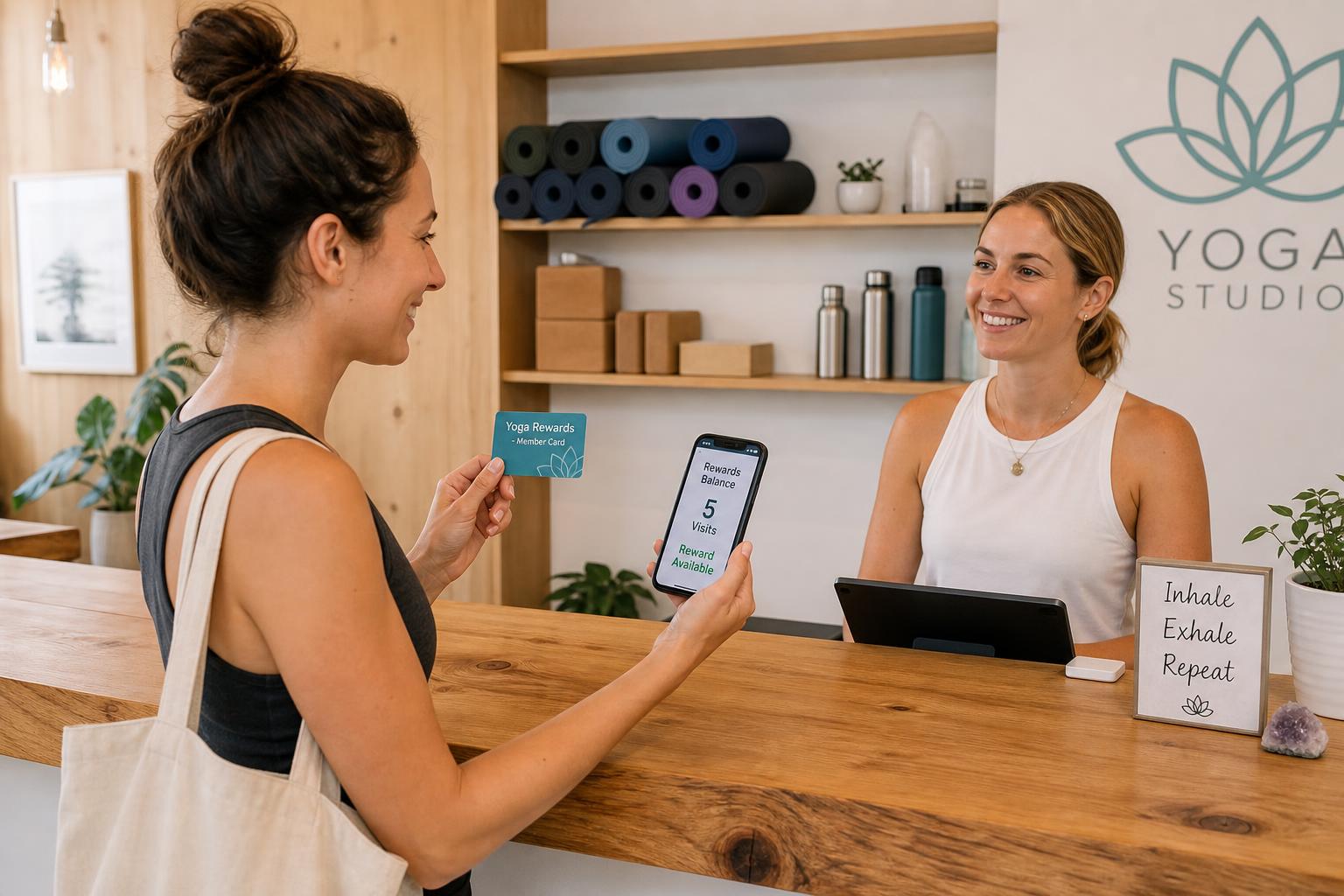 Yoga studio customer holding a loyalty card and viewing rewards