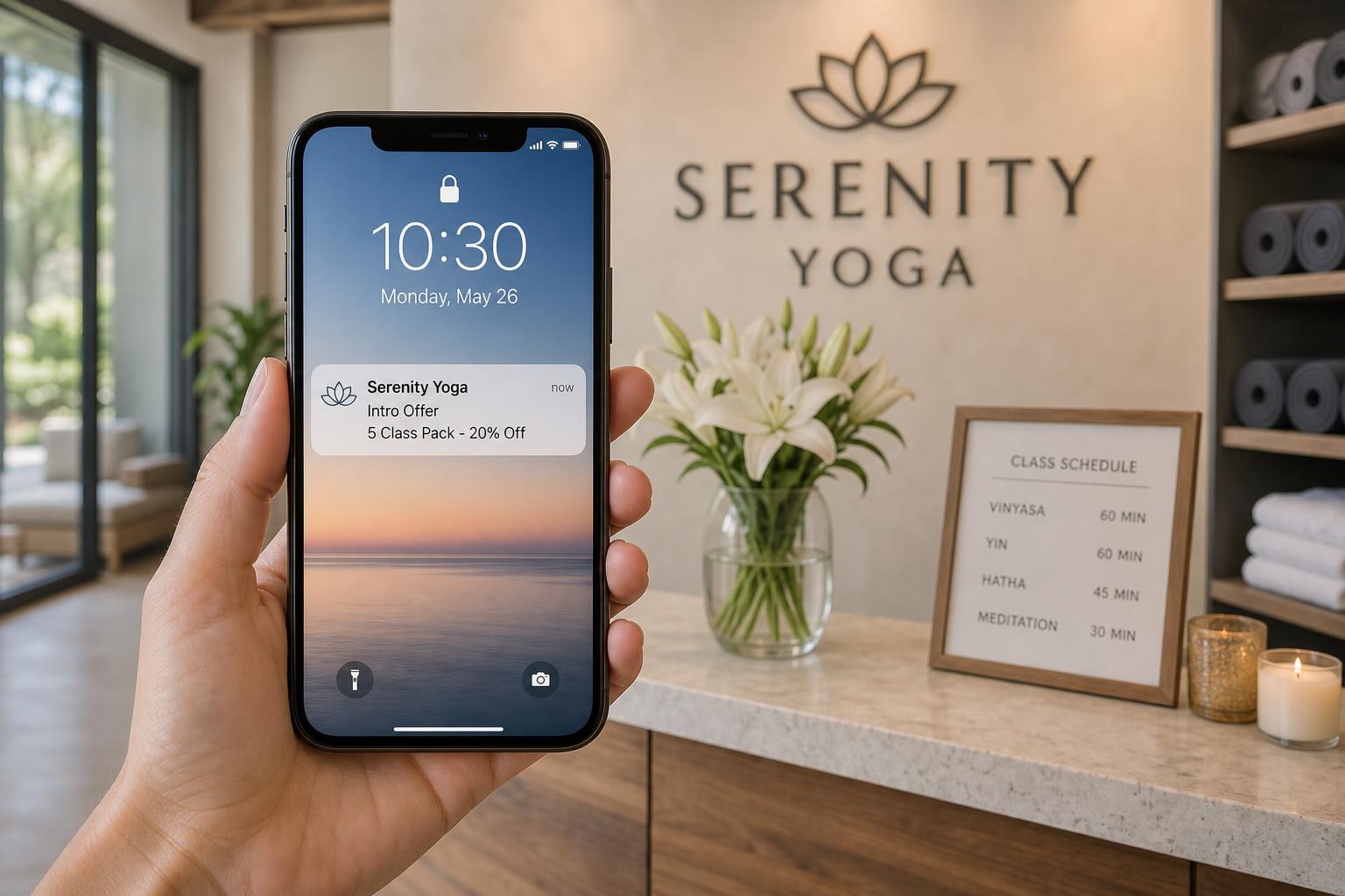 Digital yoga studio marketing offer shown on a customer phone