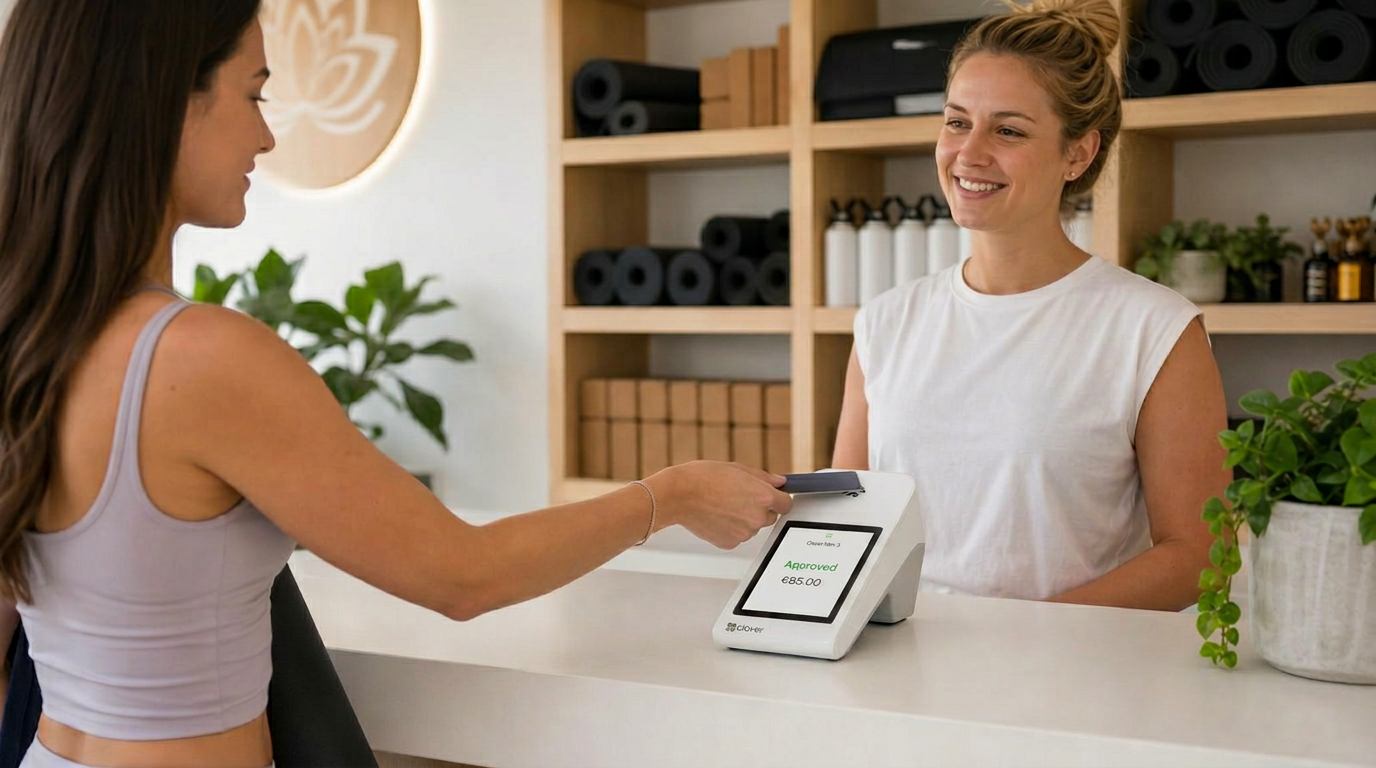 Customer paying for a yoga studio class pack using Clover POS hardware